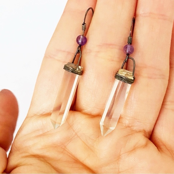 Sterling silver amethyst crystal point drop earrings - Picture 2 of 6